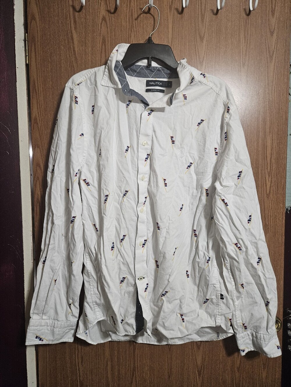 Nautica Men's Classic Fit Flag Print Button Down Shirt Fisherman Size XL